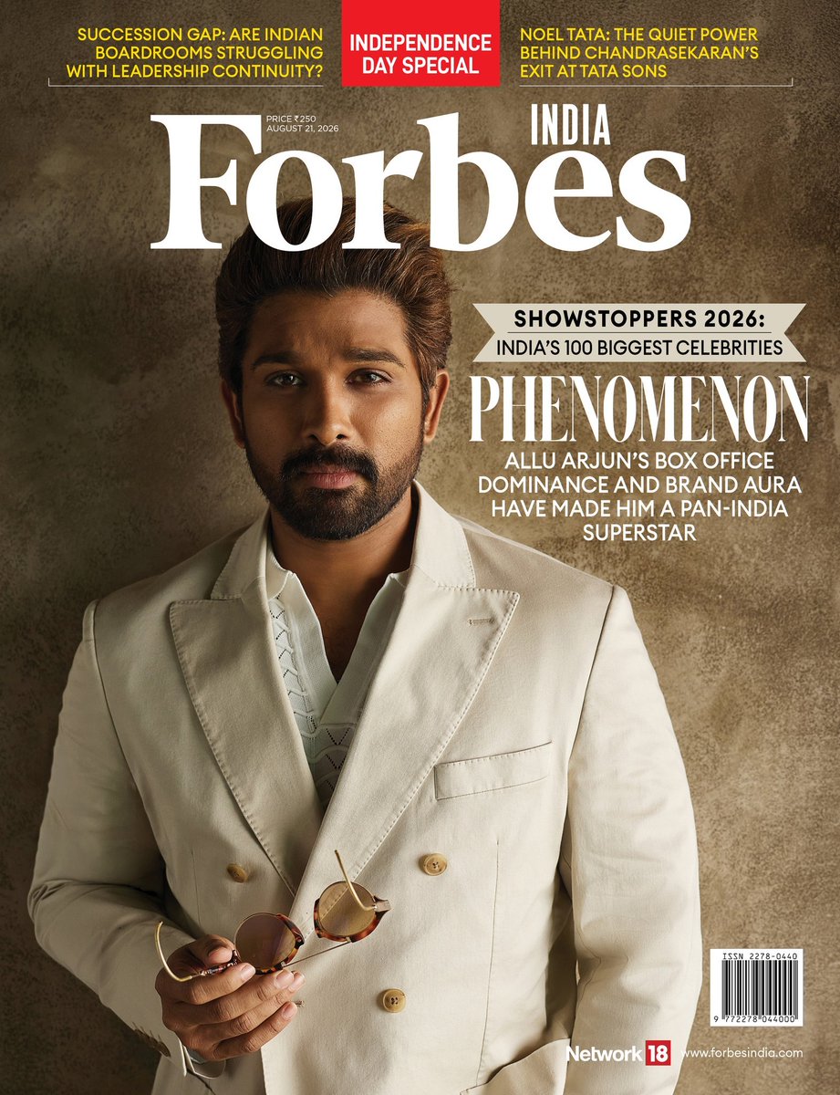 letsxCinematica's tweet photo. Look who made it to the cover of Forbes India's 100 Biggest Celebrities 2026 issue 🔥🔥🔥 #AlluArjun https://t.co/NWDbb02NJZ