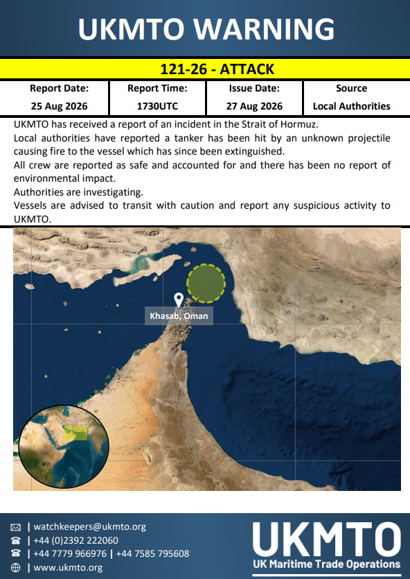 Oil tanker struck by unknown projectile off Khasab, Oman; fire extinguished, crew safe