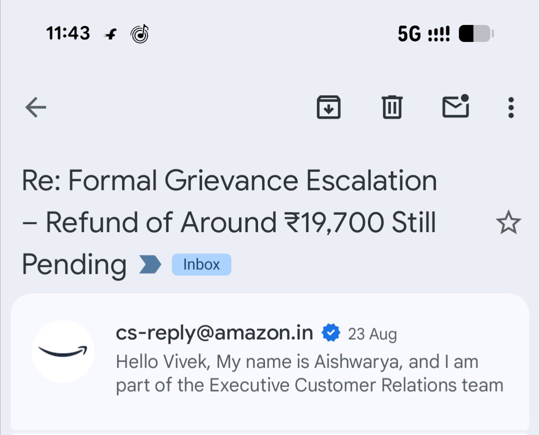 vivekworld7's tweet photo. @AmazonHelp Already written everything.

Please check the email- Re: Formal Grievance Escalation – Refund of Around ₹19,700 Still Pending https://t.co/iQuqxfo6sn