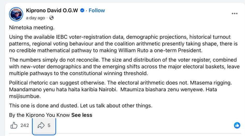 eger_ke's tweet photo. IEBC still seeks 3.46 million names. Most live beyond Central Kenya. Organisation and a clean register will settle who holds the advantage next year.  

MtKenya Fake IDs.  
#The2027Math.  
Tuko Ndani.  
Tyranny of Small Numbers. https://t.co/h0bRgl0Lp3