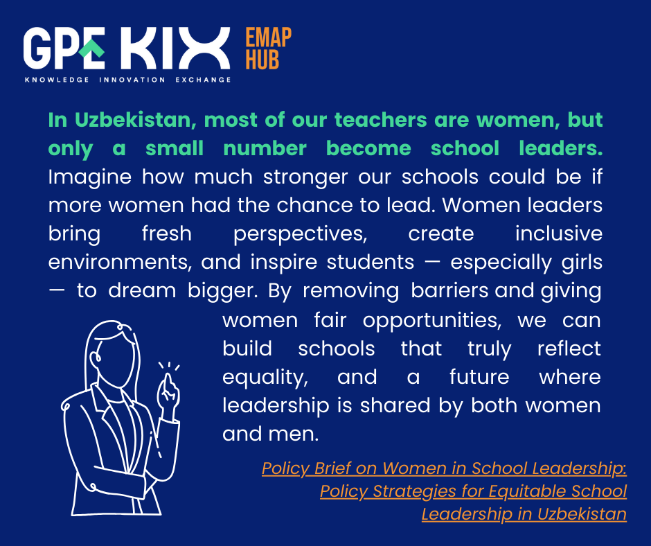 KIXEMAP's tweet photo. 🇺🇿 In Uzbekistan, women make up 69.1% of teachers, but only 34.8% of school directors. Through KIX EMAP Learning Cycle 6, Uzbekistan country experts prepared a policy brief outlining priorities for change.
📄 Policy brief: https://t.co/Qyv1xfwVPa
🎬 Video: https://t.co/sHZyxx9txD https://t.co/z4iQr7pWIQ