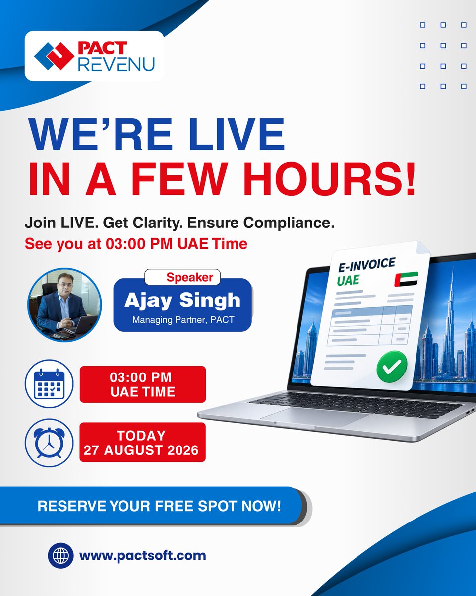 pacterp's tweet photo. We go live in hours. Free UAE E-Invoicing webinar with Mr. Ajay Singh, 3PM UAE time.

Jump in here: https://t.co/YGvwsRn317

#UAE #eInvoicing #Webinar #Compliance #FreeWebinar https://t.co/yD0lqUswQV