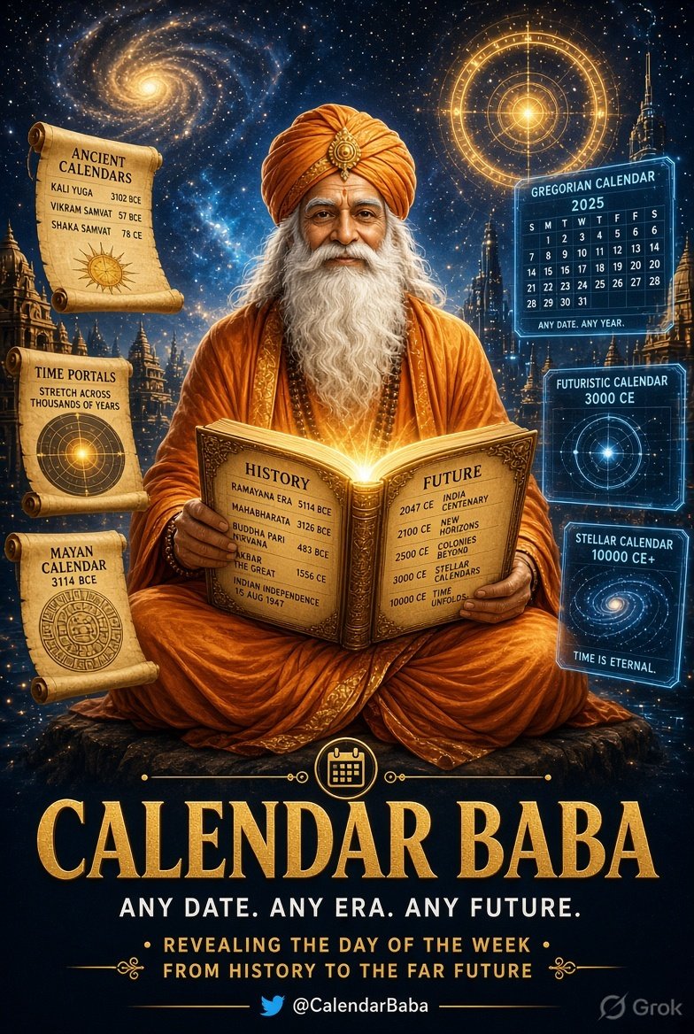 Calander_Baba's tweet photo. आ गया है कैलेंडर बाबा 🙏
चाहे हो इतिहास का कोई दिन!
या भविष्य की कोई तारीख!!
सब आएगा बाबा की रडार में 📡

 #NationalSportsDay https://t.co/aT0BwwDUcd
