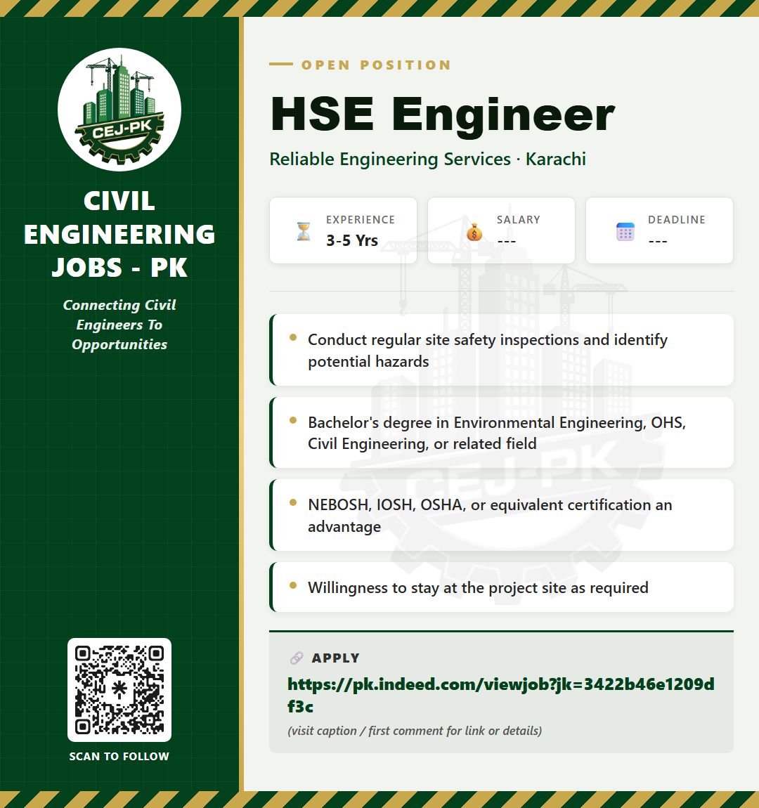 cej_pk's tweet photo. 🚧 HSE Engineer – Reliable Engineering Services, Karachi
Apply: https://t.co/IGzh8iGPUW
#CivilEngineeringJobs #Pakistan #ConstructionJobs https://t.co/ZTwIRI2qJA