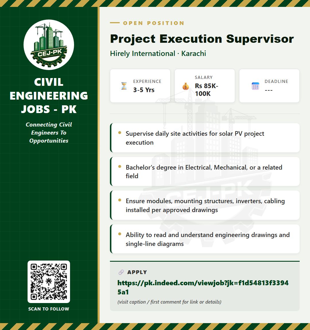 cej_pk's tweet photo. 🚧 Project Execution Supervisor – Hirely International, Karachi
Apply: https://t.co/boLhWUzpRx
#CivilEngineeringJobs #Pakistan #ConstructionJobs https://t.co/mjtbS2L5cQ