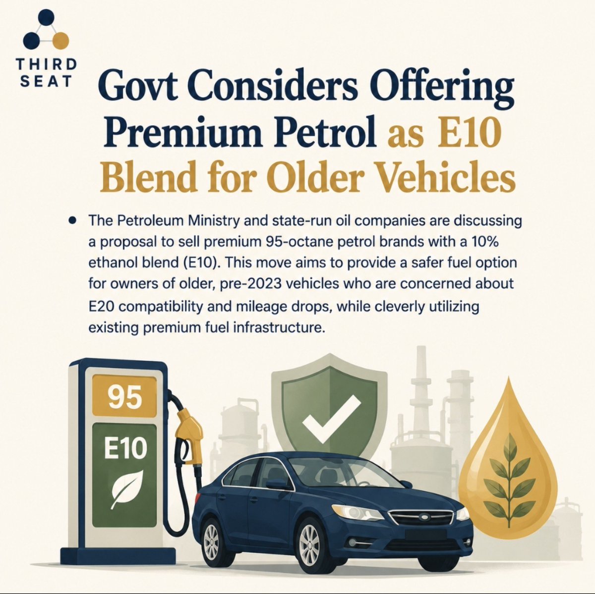 ThirdSeat_org's tweet photo. Relief for Older Cars: Govt Explores E10 Premium Petrol Option.
@PetroleumMin @HardeepSPuri
#E10Petrol #EthanolBlending #AutomotiveIndia #FuelUpdate #PetroleumMinistry https://t.co/LCRVv9UkhT