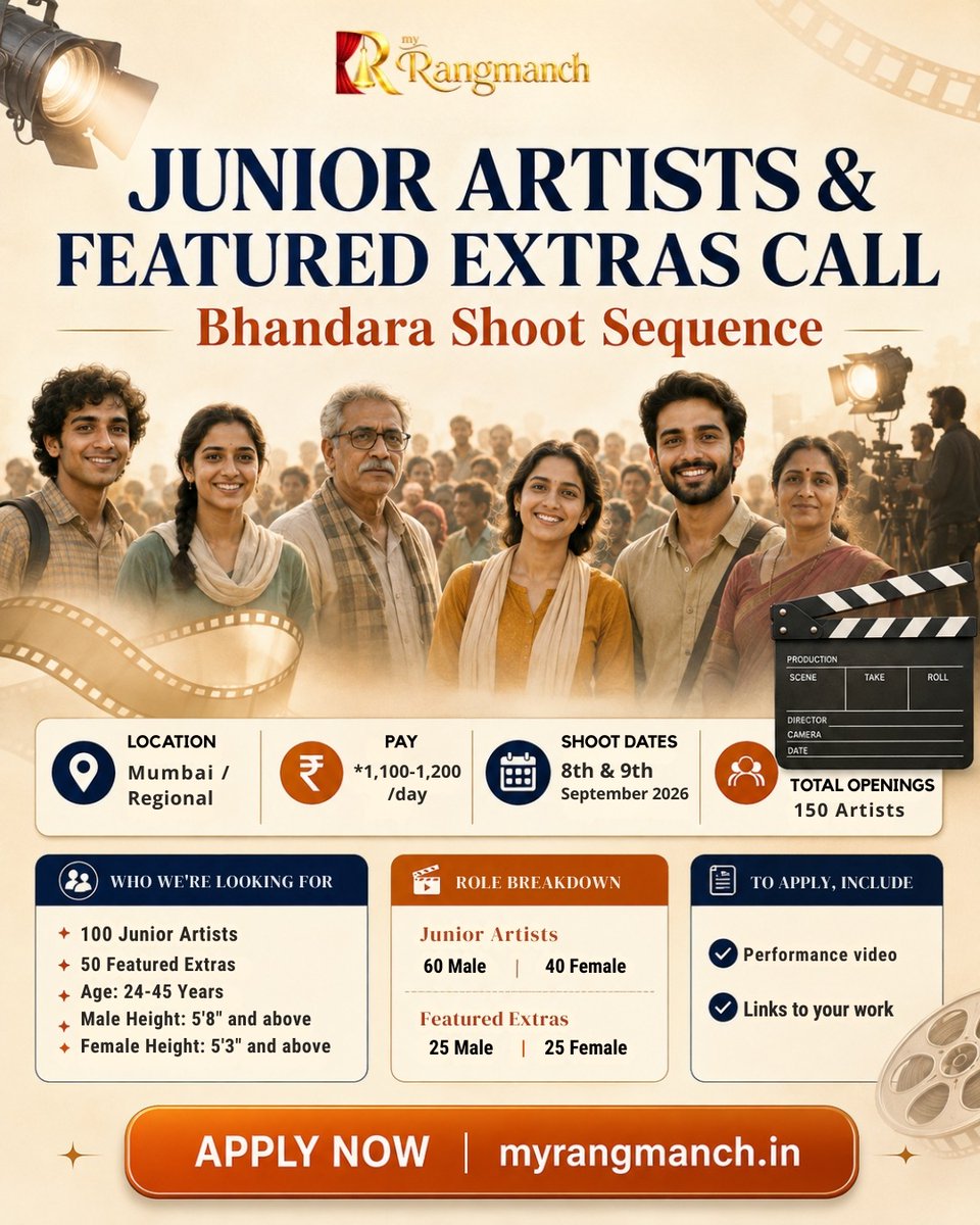 myrangmanchteam's tweet photo. Casting Call – Mumbai
150 openings for Junior Artists &amp; Featured Extras.

Pay: ₹1,100–₹1,200/day
Shoot: 8th &amp; 9th Sept 2026
Age: 24–45 yrs
Apply with performance video + work links.
https://t.co/1neNQVaOse

#MyRangManch #CastingCall #MumbaiCasting https://t.co/APYy6B67AL