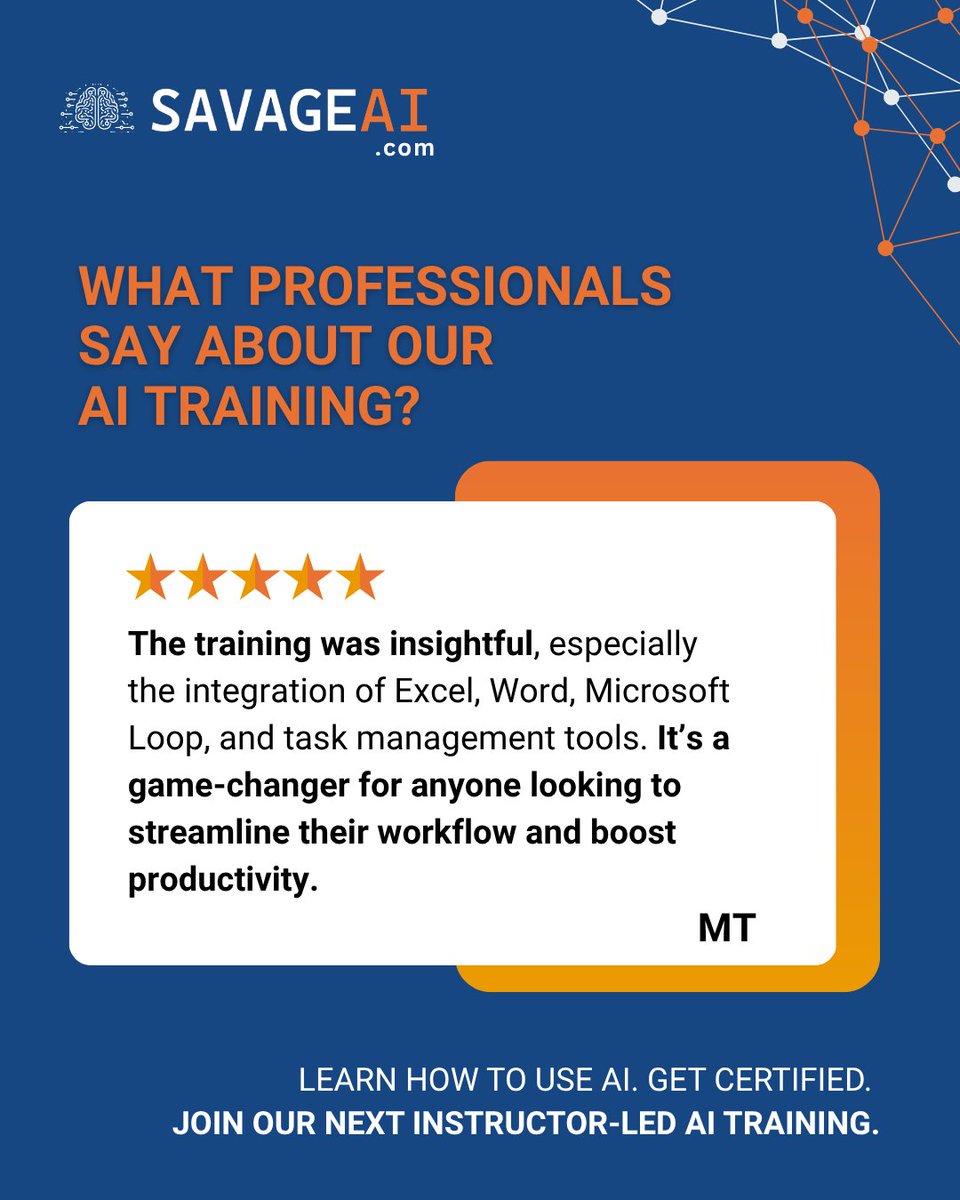 SAVAGEAIDOTCOM's tweet photo. โItโs a game-changer.โ โญโญโญโญโญ
MT's SAVAGE AI training experience focused on practical AI applications across Excel, Word, Microsoft Loop & task management tools.
๐
AI training: https://t.co/Iz0LjU2AMM
#AITraining #MicrosoftAI #AIForWork #SAVAGEAI https://t.co/hbVuKNnMln