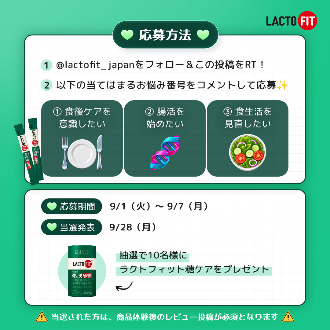 lactofit_japan's tweet photo. ＼💚モニター募集中💚／
ラクトフィット糖ケアを抽選で10名様にプレゼント🎁

食後ケア・腸活・食生活が気になる方はぜひ参加してください✨
詳しくは画像をチェッ��！

①公式X（@lactofit_japan）をフォロー
②本投稿をRT＆当てはまるお悩み番号をコメント💬

📅応募期間：9/1（火）～9/7（月）
🎁当選者発表：9/28（月）