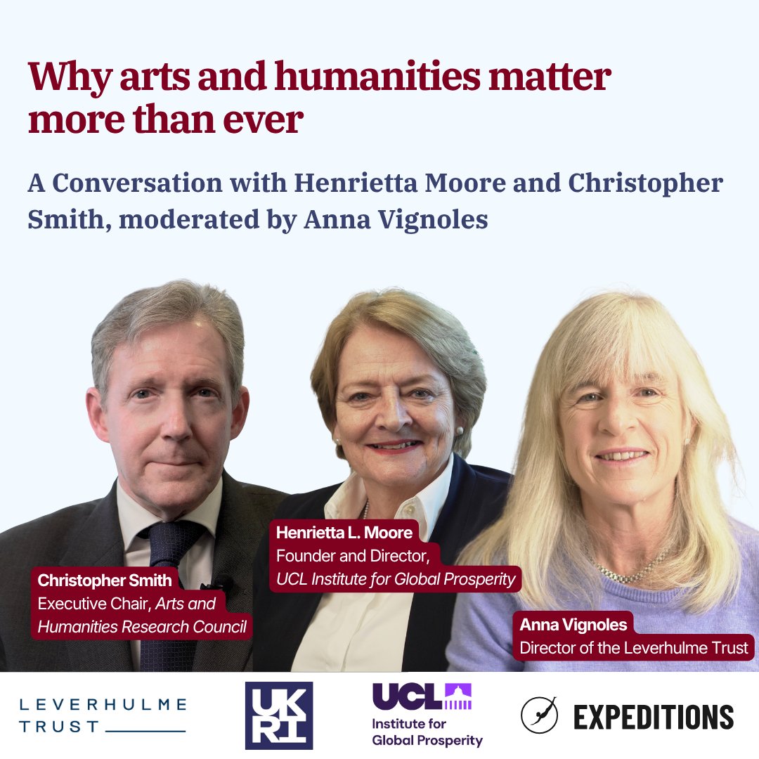 joinExpeditions's tweet photo. What drives social change? Why do arts &amp; humanities matter more than ever?  Join Henrietta Moore (UCL) &amp; Christopher Smith (AHRC/UKRI), moderated by Anna Vignoles (Leverhulme Trust), for this month's EXPeditions Base Camp.  📅 28 Sept, 5pm-6pm UK

@UKRI_News @ucl @LeverhulmeTrust https://t.co/CmooVkh4WB