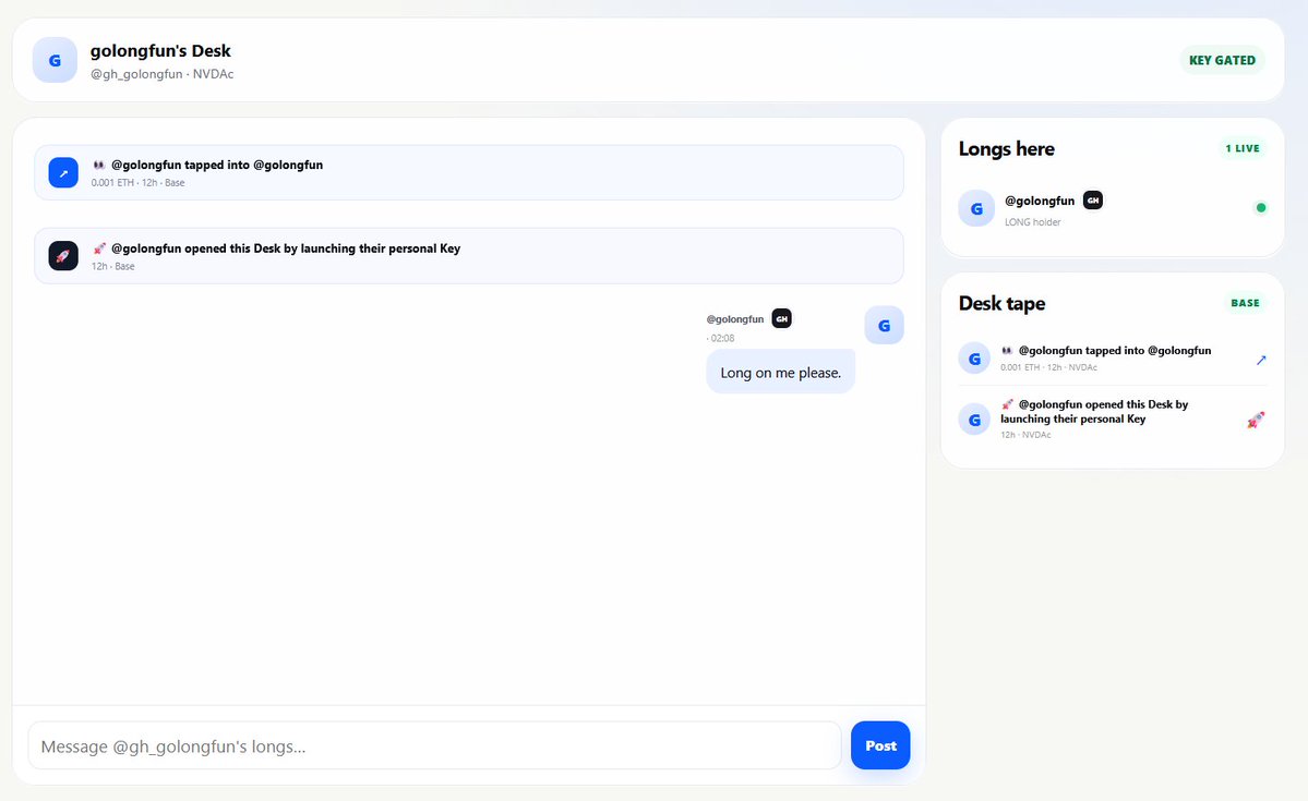 golongfun's tweet photo. 🔐 Desks are easier to enter

Every creator card now has direct Desk access.

If you hold the required Key, you can jump straight into that creator’s private holder community.

Live Desk activity remains visible across LONG. https://t.co/oeuckt3DAX