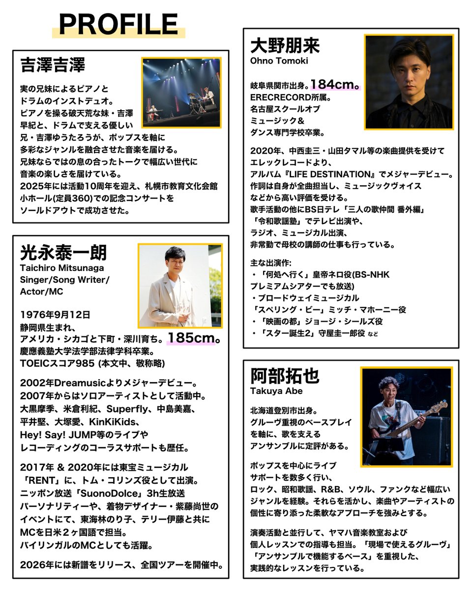 yoshizawayoshiz's tweet photo. 【🥁コラボライブ札幌編🎹】
■2026年9月4日(金)
『Avenue – 北の交差点 -』
@札幌musica hall café
開場 19:00 / 開演19:30
料金 ¥3500+1D

出演：
光永泰一朗
吉澤吉澤
SP Guest：大野朋来
サポート：阿部拓也(Bass) https://t.co/sJhHONFkHx