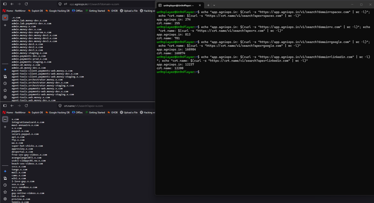 Un9nPlayer's tweet photo. Found a pretty interesting way to enumerate subdomains:

https://t.co/qxdsJe5qA0 give: 813
https://t.co/pJNGhcRLc1 give: 781

Gives you a clean list from the domain's certificate data. https://t.co/fAIvBEUrRj