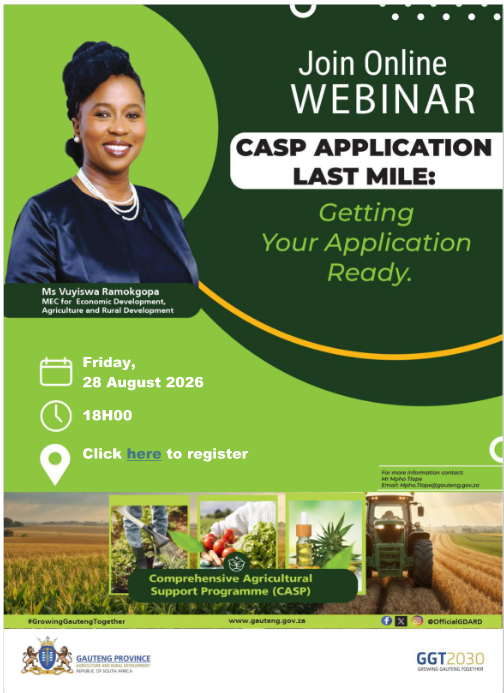 OfficialGDARD's tweet photo. Don't miss out! Secure your spot for tomorrowβs online webinar on CASP application readiness.
#GDARD #GrowingGautengTogether #CASP #GautengAgriculture #GGT2030 #OfficialGDARD https://t.co/Hm6BL9fVnq