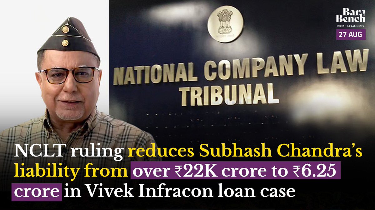barandbench's tweet photo. NCLT ruling reduces Subhash Chandra’s liability from over ₹22K crore to ₹6.25 crore in insolvency case

Read here: https://t.co/ryb1u0rZDB https://t.co/ZvOJ7RNGR6
