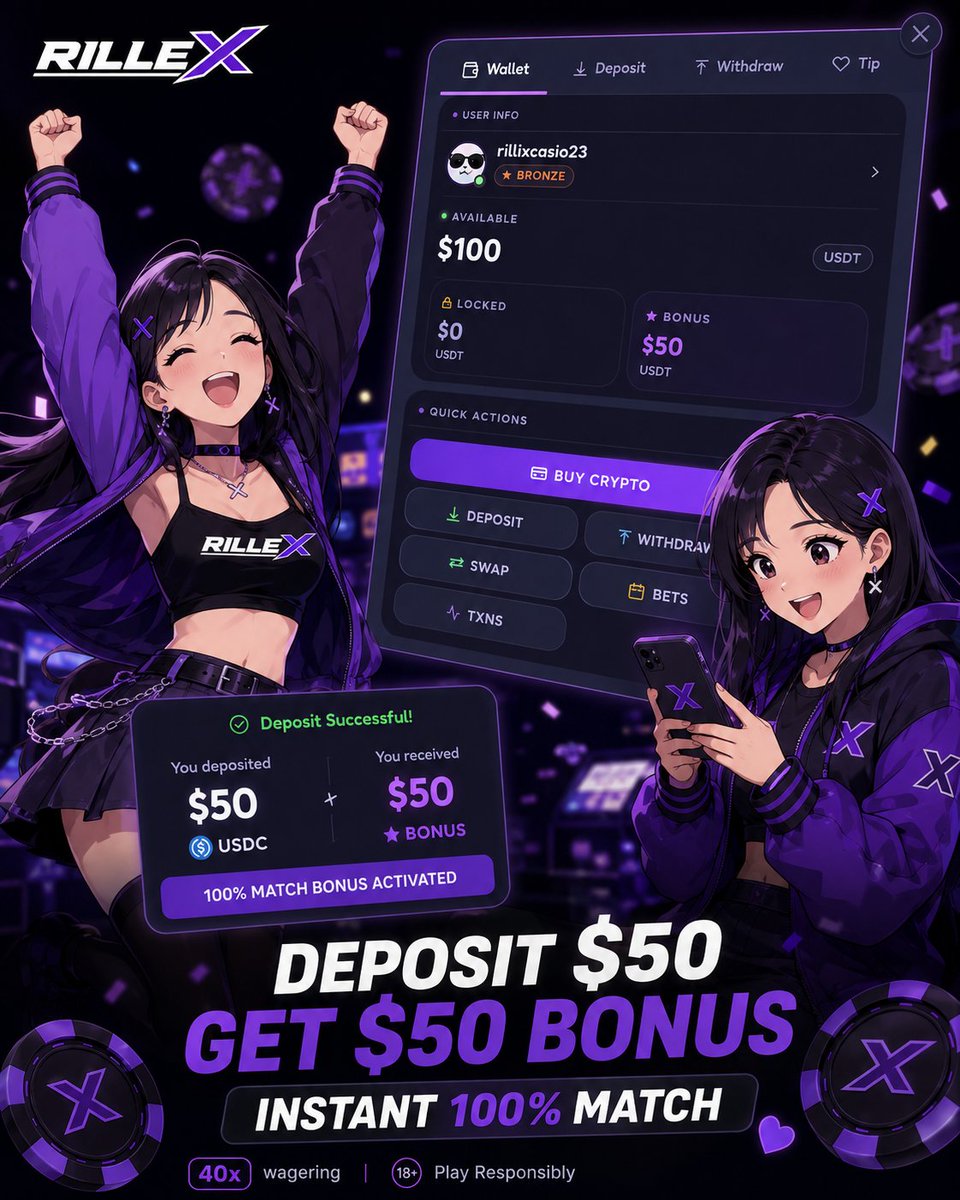 RillexDigital's tweet photo. You deposit $50 and see the extra $50 bonus hit. ππ
100% deposit match up to $50.
Start here π https://t.co/mPGMNunwEY
18+ | Eligible jurisdictions only | T&Cs apply | Play responsibly.
#Rillex #CryptoGaming #CasinoBonus https://t.co/60WubYUXRq