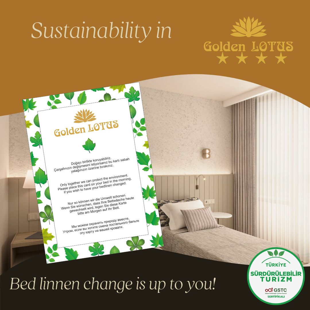 GoldenLotusOtel's tweet photo. To save water and energy, we let you decide the frequency of your linen changes. By opting for fewer changes, you help us save thousands of liters of water every year. Unless otherwise requested, we change the bed linen three times a week.

#GoldenLotusHotel https://t.co/JPCRjeNWYO
