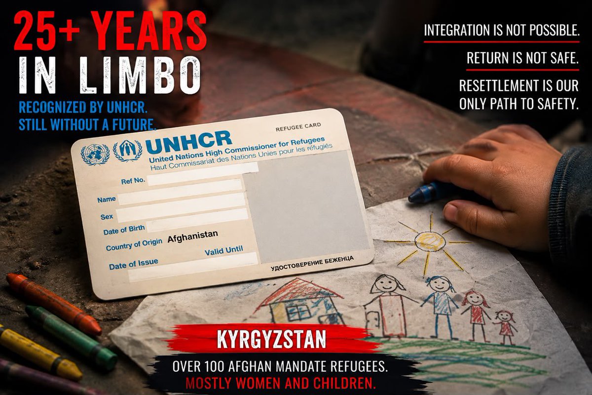 afghan_rfg's tweet photo. ๐จ TRAPPED IN A LEGAL DEAD END: 25+ YEARS WITHOUT A DURABLE SOLUTION
We, a group of over 100 Afghan #UNHCR-mandate refugeesโmostly women and childrenโhave been stranded in #Kyrgyzstan for over 25 years. We live invisible, unheard, and stripped of basic rights.
Most heartbreakingly, a 2nd and 3rd generation of children are growing up in absolute shadow. Children born here do not legally exist, facing total isolation and fear without a future.
This is a multi-decade protection failure:
๐ STATE REJECTION: Decades ago, Kyrgyz authorities formally rejected our refugee status, permanently closing doors to local integration. For 25+ years, we remain unprotected undocumented foreigners facing constant harassment.
๐ UNHCR MANDATE RECOGNITION: Recognizing that our rejection was unjustified and return to Afghanistan is unsafe, UNHCR granted us mandate refugee status, confirming our need for international protection.
๐ FAILED INTEGRATION INITIATIVES: UN agencies attempted to integrate us into a host country that officially and permanently closed its doors on us. Millions of dollars, endless roundtables, workshops, seminars, and capacity-building training programs later, every single attempt ended in total failure and brought zero results. As genuine UNHCR beneficiaries, we remain completely vulnerable, unprotected, and exposed. Ending 2026 with another failed strategy is an endless cycle of empty promises.
๐ LOGICAL CONTRADICTION: Mandate status was meant as a temporary bridge to A DURABLE SOLUTION, not a life sentence in limbo without work or basic healthcare.
๐ DOCUMENTED SYSTEMIC EXPOSURE:
The UNHCR Central Asia Strategy 2025 (Executive Summary) explicitly acknowledges our reality:
๐ฌ โMandate refugees are particularly vulnerable as they are tolerated but not legally recognized, leaving them without identity documents, basic rights or protection, and exposed to economic shocks, discrimination, abuse and exploitation.โ
Furthermore, the annual U.S. Department of State Country Reports on Human Rights Practices repeatedly confirm that the Kyrgyz government refuses to legally recognize UNHCR mandate refugees, leaving us in complete legal limbo without protection or access to essential rights.
โ๏ธ OUR QUESTION: If integration is impossible and return is unsafe, WHERE IS OUR SAFE PATH FORWARD?
Indefinite waiting is not a durable solution. DO NOT LET OUR CHILDREN REMAIN INVISIBLE.
We urgently appeal for THIRD-COUNTRY RESETTLEMENT through available pathways, including the U.S., Canada, Australia, New Zealand, and European programs.
Integration is not possible. Return is not safe. Resettlement is our only path to safety, dignity, and a real future.
๐ฃ WE RESPECTFULLY CALL ON UN AGENCIES, GOVERNMENTS, DIPLOMATS, AND HUMAN RIGHTS ORGANIZATIONS FOR YOUR HUMANITARIAN SUPPORT:
@antonioguterres @Refugees @BarhamSalih @aishabbwahab @UNHCR_Cent_Asia @AntjeGrawe @USEmbassyKG @SecRubio @StateDept @StatePRM @State_SCA @USUN @MAshrafHaidari @UNmigration @IOMChief @CanadaFP @CanadaDev @CitImmCanada @LenaMetlegeDiab @AlboMP @Tony_Burke @SenatorWong @ausgov @dfat @AnitaAnandMP @MFATNZ @chrisluxonmp @EricaStanfordMP @NewZealandMFA @winstonpeters @FCDOGovUK @UKMissionGeneva @ukhomeoffice @ShabanaMahmood @hrw @amnesty
#AfghanRefugees #Kyrgyzstan #UNHCR #RefugeeProtection #HumanRights #ResettlementNow #ThirdCountryResettlement #DurableSolutions #USRAP #StopRefugeeAbuse