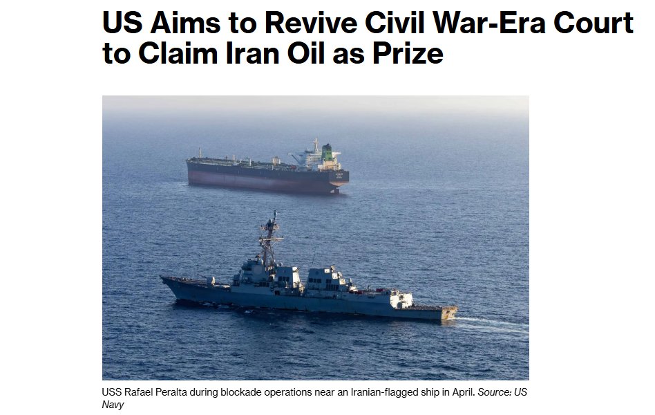 clashreport's tweet photo. The Trump administration is moving to revive prize courts, a largely dormant wartime legal system, to speed up the seizure and sale of Iranian-linked oil tankers and cargo.

The DOJ is considering using a federal court in Houston, allowing the U.S. to transfer seized assets to the Treasury with fewer third-party claims and delays than under normal civil forfeiture. 

The move could face major legal challenges over international law and whether the U.S. has the legal authority to conduct wartime captures.

Source: Bloomberg