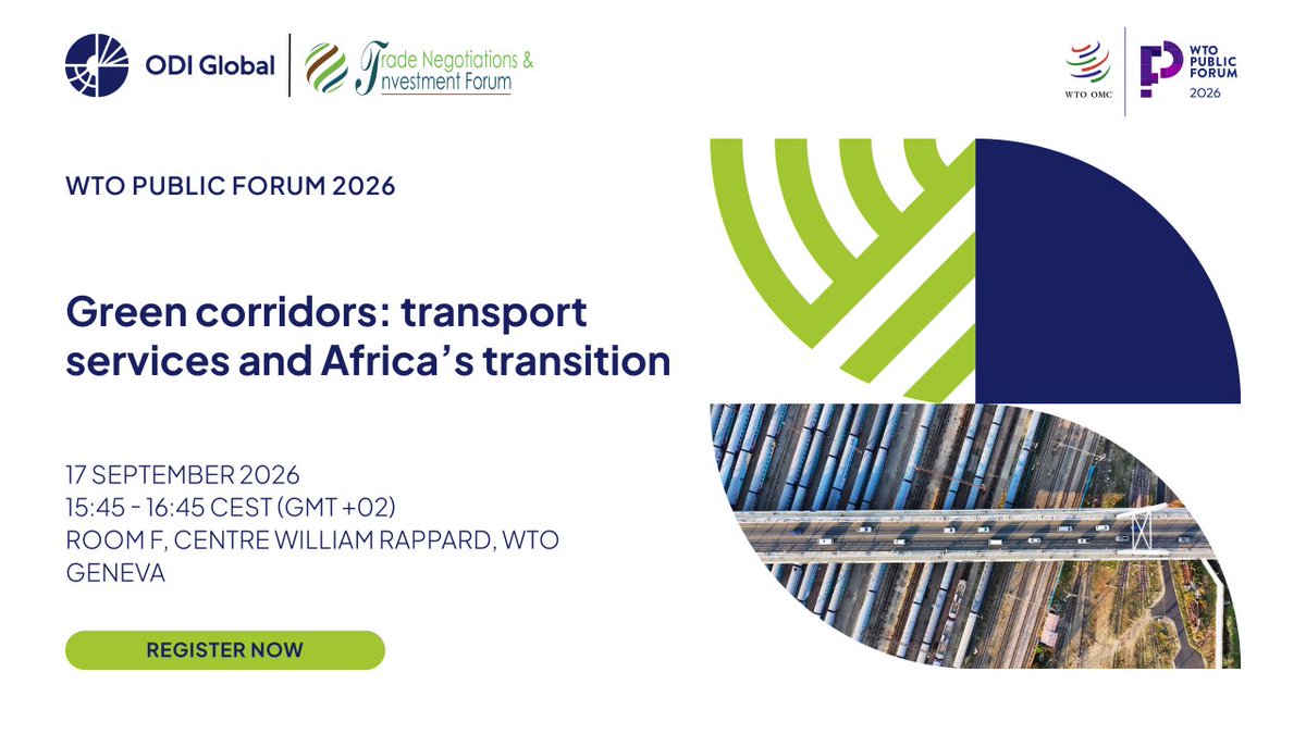 tradenif's tweet photo. What is holding back clean mobility and greener logistics in Africa? Join TNIF and ODI Global at the #WTOPublicForum on 17 Sept as we explore how #AfCFTA services and digital trade commitments can drive Africa's green transition. Register: https://t.co/gqyJYpEG4z https://t.co/Im65MPNvId