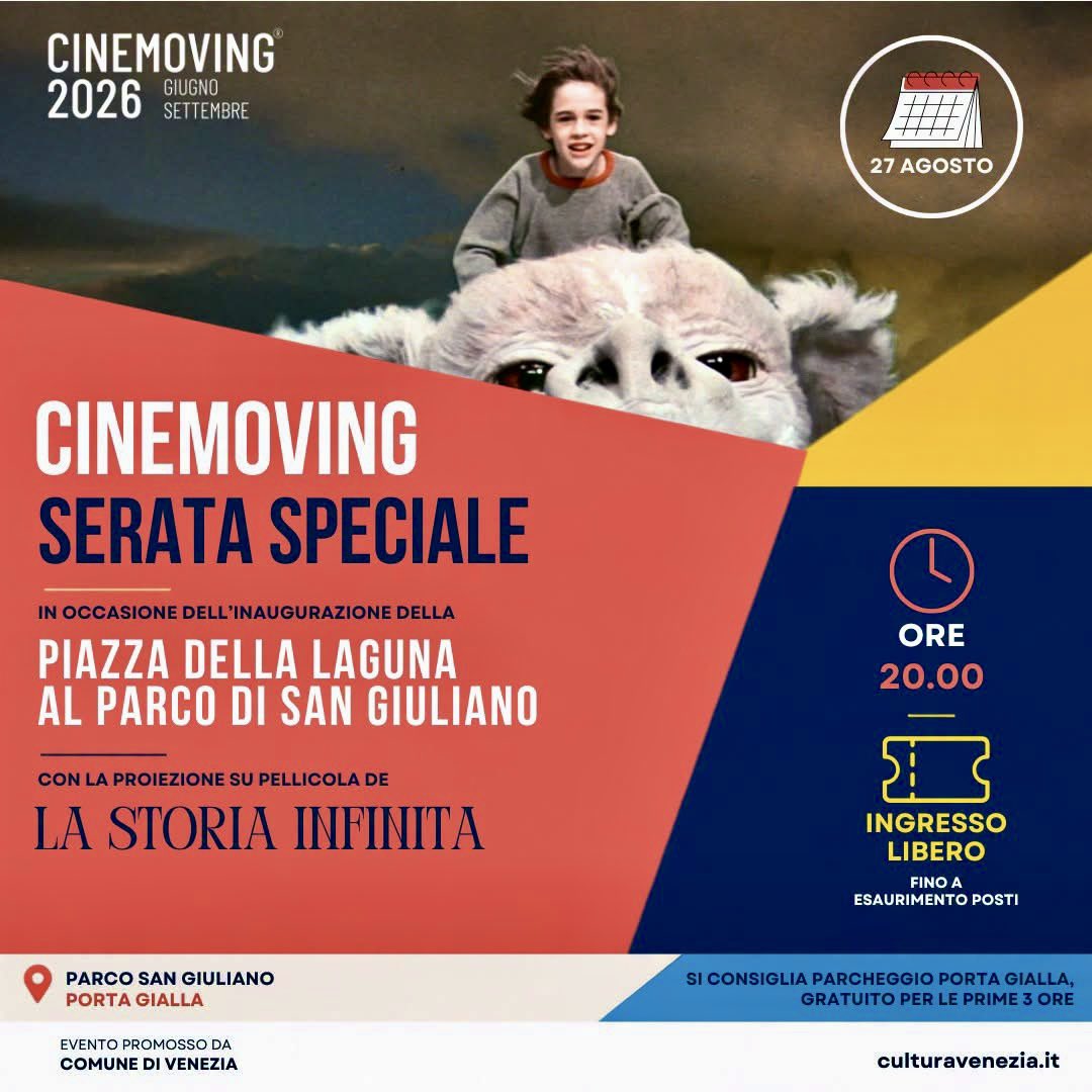 comunevenezia's tweet photo. 🍿Oggi al Parco San Giuliano c'è una serata davvero speciale!
🎥 In occasione dell’inaugurazione della nuova Piazza della Laguna, #Cinemoving torna sotto le stelle con un grande classico del cinema fantasy: “La storia infinita”, proiettato su pellicola.
ℹ️ Info utili: l’ingresso è gratuito fino ad esaurimento posti. Lo schermo si trova all'altezza della Porta Gialla; per raggiungere l’area è consigliato il parcheggio Porta Gialla, gratuito per le prime tre ore di sosta.
✨Preparatevi ad una serata di cinema sotto le stelle: ci vediamo al Parco!