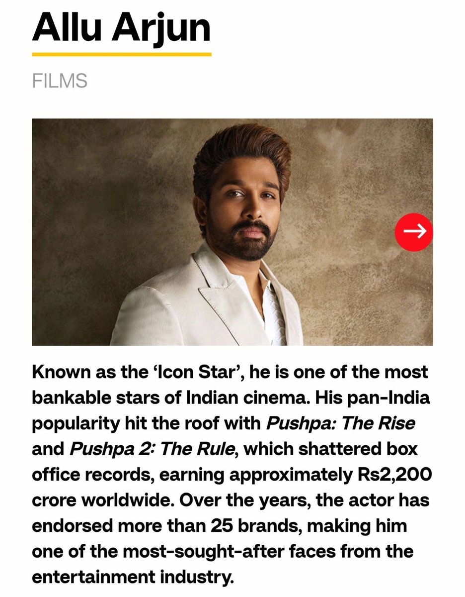 TrendsAlluArjun's tweet photo. The Rise &amp; The Rule shattered box-office records, earning approximately ₹2,200 CRORE WORLDWIDE. Over the years, the actor has endorsed more than 25 brands, making him one of the most sought after faces in the entertainment industry @alluarjun 💥

~ @ForbesIndia https://t.co/EsTdbaxvpq