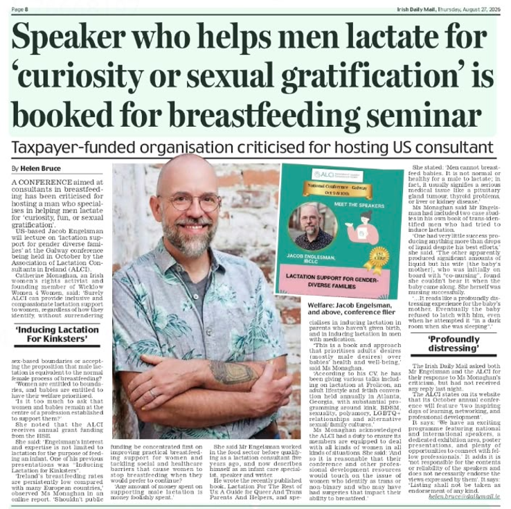 WomensSpaceIre's tweet photo. Men attempting to "lactate" is child abuse

Well Done @irishdailymail 

@HSELive @tusla @Galwaybayfmnews @NewstalkFM @wicklowwomen4w1 @JohnEdwardLee @rtenews @RTE_PrimeTime @drivetimerte @TheCountessIE @TippFM @gbayfm https://t.co/efxFYb5sc4