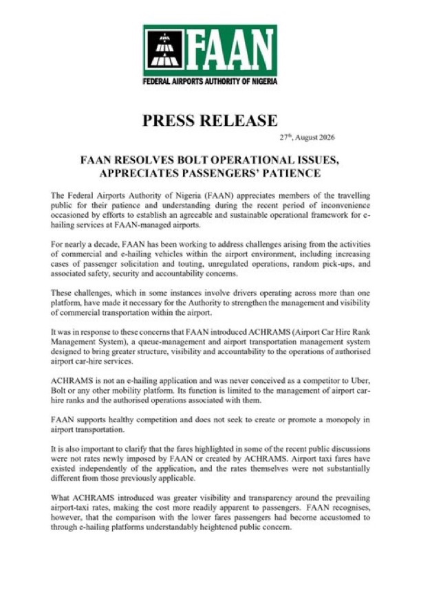 NigeriaStories's tweet photo. BREAKING NEWS: The Federal Airports Authority of Nigeria (FAAN) has announced the resolution of its operational issues with Bolt, allowing the e-hailing platform to immediately resume services at FAAN-managed airports. https://t.co/rKqJWYWyCW