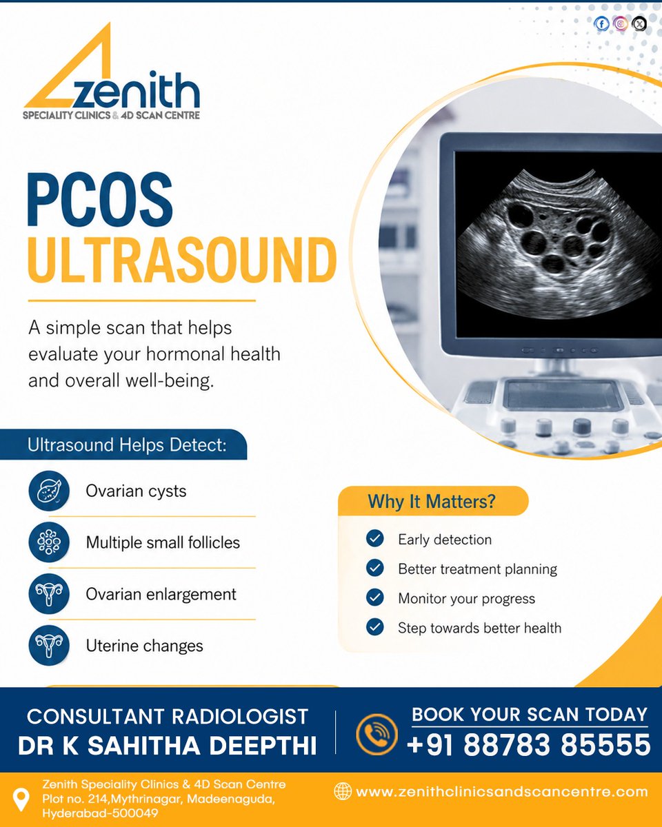 Zenith_Clinics's tweet photo. PCOS Ultrasound: Early Care &amp; Guidance

Identifying ovarian cysts, enlarged ovaries, or multiple follicles through targeted imaging is essential for pelvic wellness. Early clinical evaluation ensures precise #PCOSScan diagnostics, clear #HormoneHealth https://t.co/aSbc7foG4v