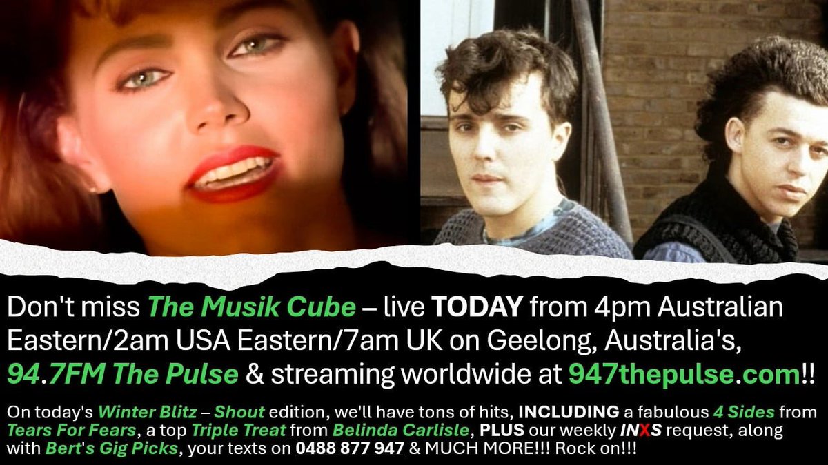 yarn22's tweet photo. #TheMusikCube - live TODAY from 4pm Australian Eastern/2am US Eastern/7am UK on @947ThePulse, https://t.co/bcEPPErTBk &amp; via the #CommunityRadioPlus &amp; @TuneIn apps! 
#WinterBlitz - #Shout edition. 
#4Sides - @TearsForFears
#TripleTreat - @BelindaCarlisle 
Your texts - 0488 877 947 https://t.co/NnG1UkrKQH