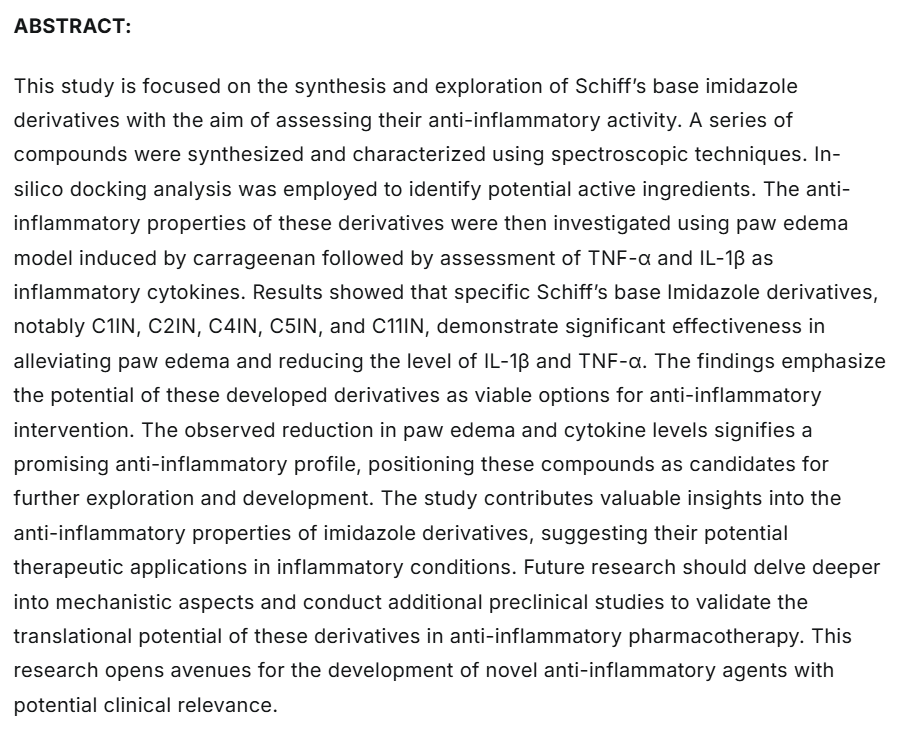 Orienjchem's tweet photo. Exploring Novel Anti-Inflammatory Imidazole Derivatives
Read the Article here: https://t.co/wRZI3SuxHI
#AntiInflammatorypotential #InSilicoDockinganalysis #SchiffsBaseimidazolederivatives #Synthesis #SpectroscopyAnalysis #chemistry #biochemistry #nanomaterial https://t.co/LTS6rPBOc7