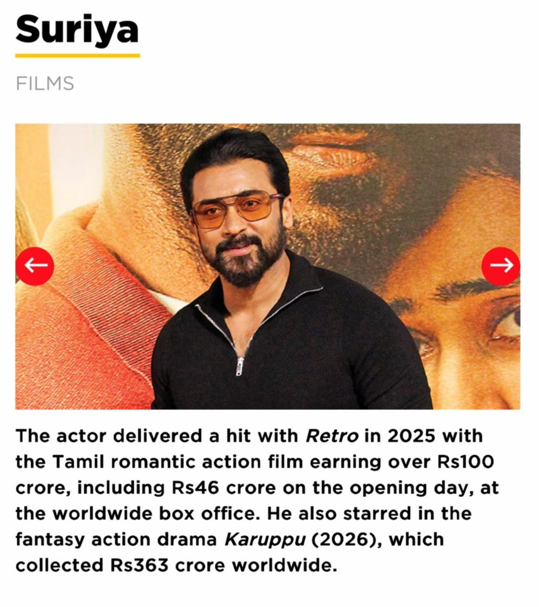 TeamSRajini's tweet photo. Forbes 100 Celebrities - 2026🌟✨

Only actors from Kollywood

1. #Rajinikanth 
2. #Suriya https://t.co/rDLkAPR174