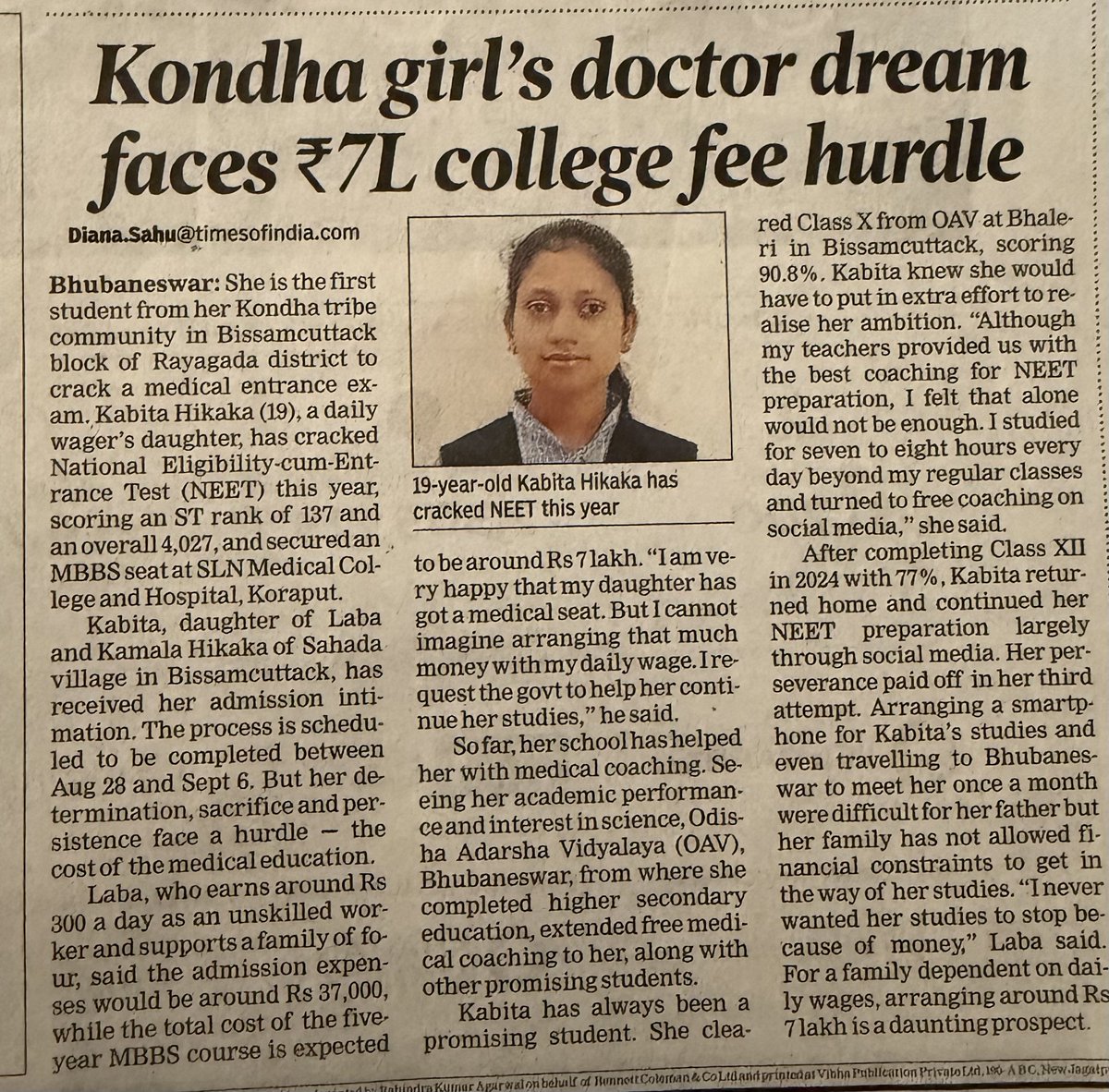manas_muduli's tweet photo. From a daily-wage family in Rayagada to securing an MBBS seat at SLN Medical College, Koraput - Kabita Hikaka’s journey is truly inspiring. 

Now, a Rs 7 lakh college expenses stands between this determined Kondha girl and her dream of becoming a doctor.

A student of Odisha Adarsha Vidyalaya (OAV), Bhubaneswar, she scored 90.8% in Class X and 77% in Class XII, before cracking NEET with an ST rank of 137 and overall rank of 4,027.

Hope people and govt steps in to support her. 🙏