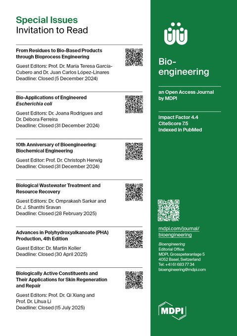 MDPIEngineering's tweet photo. 🔬 Introducing our Hot Special Issues Collection on Biochemical Engineering!
🌱 Check out the latest research now!
#BiochemicalEngineering #Bioengineering #Bioprocess #Sustainability #PHA https://t.co/DrHTbFCtk0