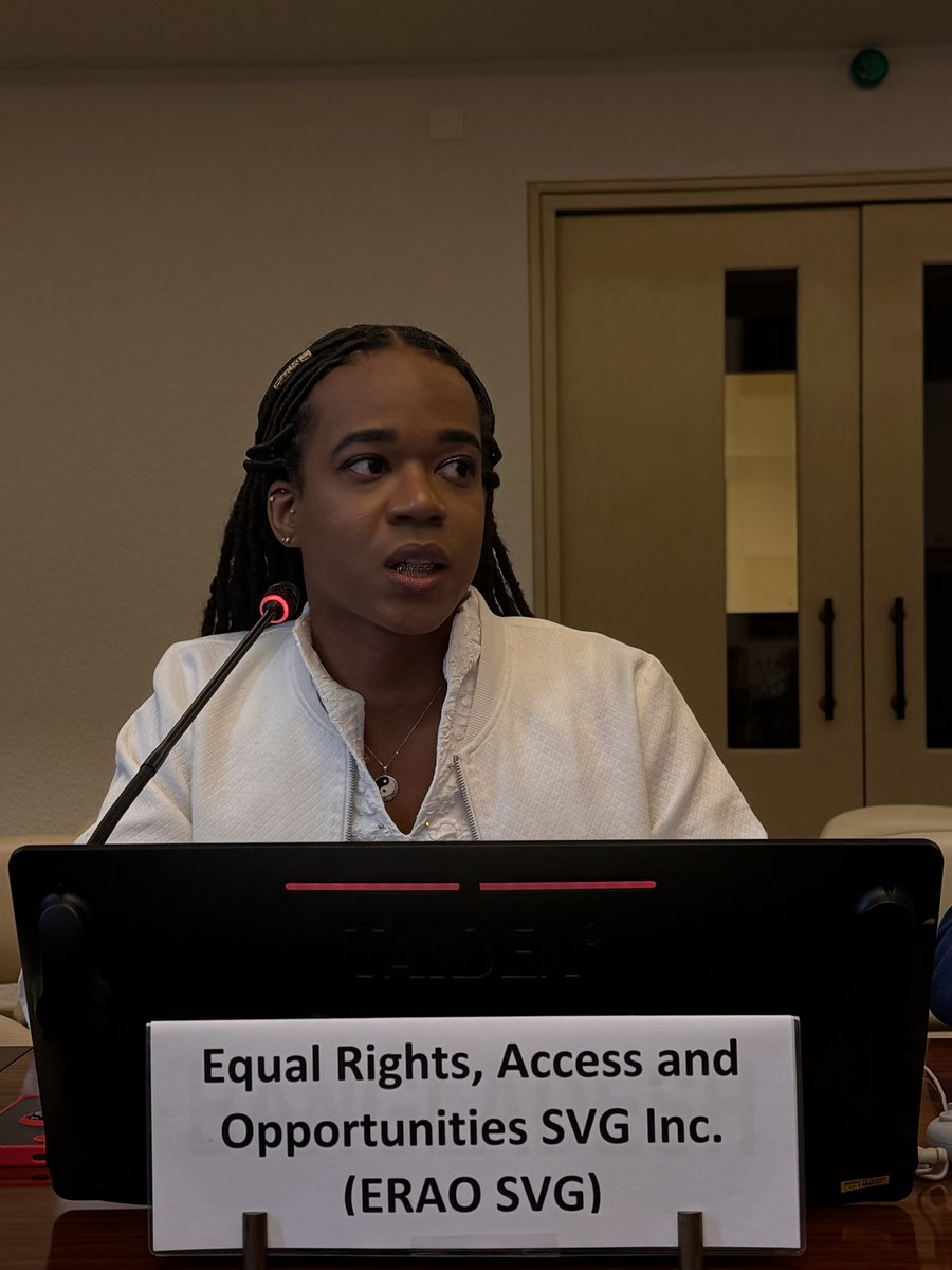 UPRinfo's tweet photo. 🇻🇨 #PS53 @JeshuaBardoo spoke about the rights of LGBTQI+ persons and access to justice, urging #SVG to repeal sections 146 and 148 of the Criminal Code, which criminalise same-sex relations, and to estalish a NHRI in line with the UN Paris Principles. https://t.co/519TqNJyft