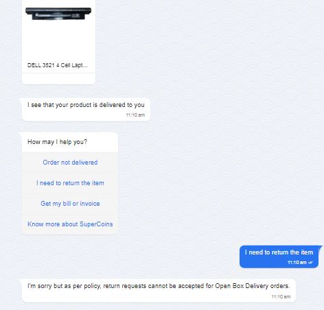 marksaurabh's tweet photo. @flipkartsupport help chat is not useful, @flipkartsupport  please see attached response...its stating cannot return battery, can you call my mobile 9310510766 https://t.co/ad4CpwUlrb