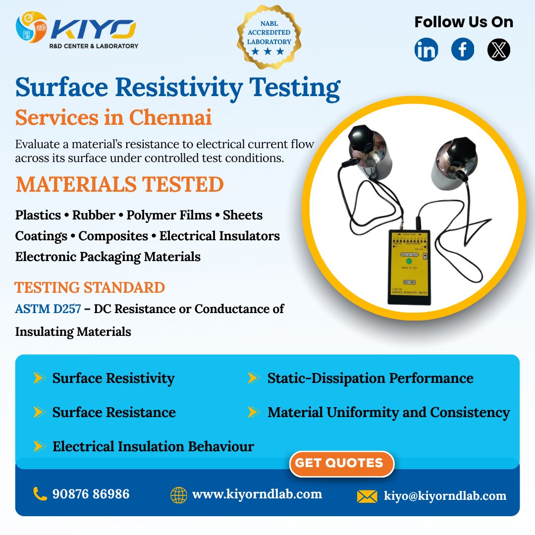 Kiyorndlab's tweet photo. ⚡ Surface Resistivity Testing Services in Chennai - Kiyo R&amp;D Lab

🌐 https://t.co/j3JvLj2Bc5
📞 90876 86986
📍 Chrompet &amp; Oragadam, Chennai
#SurfaceResistivity #ASTMD257 #ElectricalTesting #KiyoRNDLab https://t.co/pYz88LVhcX