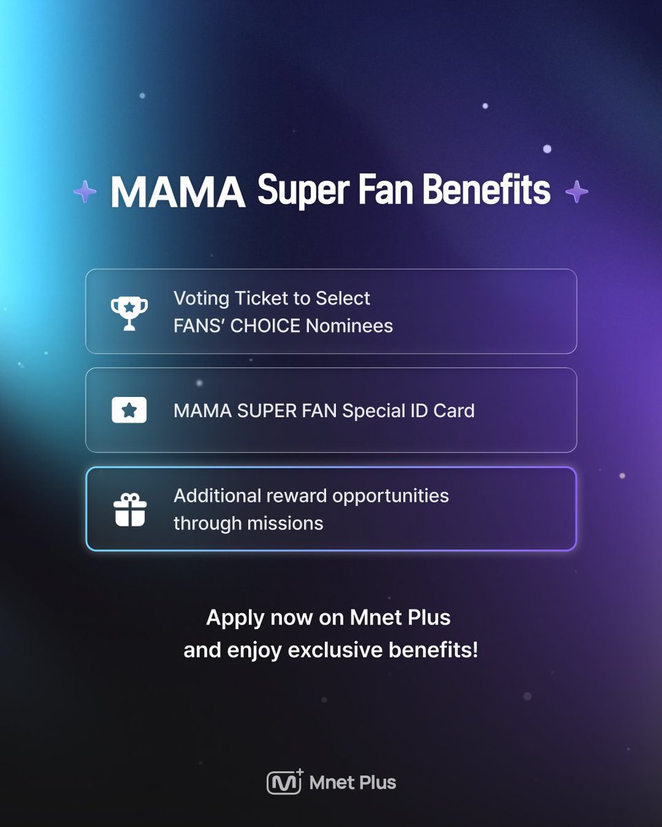 txtvotingcrew's tweet photo. 📢 MOA! 2026 MAMA SUPER FAN applications are officially OPEN!

• MAMA SUPER FANS will get voting rights to select TXT as NOMINEES for the MAMA AWARDS FANS’ CHOICE category! 🏆
🗓️ Recruitment: August 27, 2026 (Thu) ~ September 6, 2026 (Sun) KST
📱Download Mnet Plus if you haven't already and create your account: https://t.co/b7YDCkOOFS

How to apply:
• Choose TXT – Write a message – Submit your application
How to increase your chances:
• Share your application link and more clicks can increase your chances
• Watch SUPER FAN Artist videos on Mnet Plus

‼️ Please note: This is not the actual FANS’ CHOICE voting yet.  

Let’s get many MOAs registered to secure a nomination first 🫂

#MOAisONE #MO4TXT
#TOMORROW_X_TOGETHER