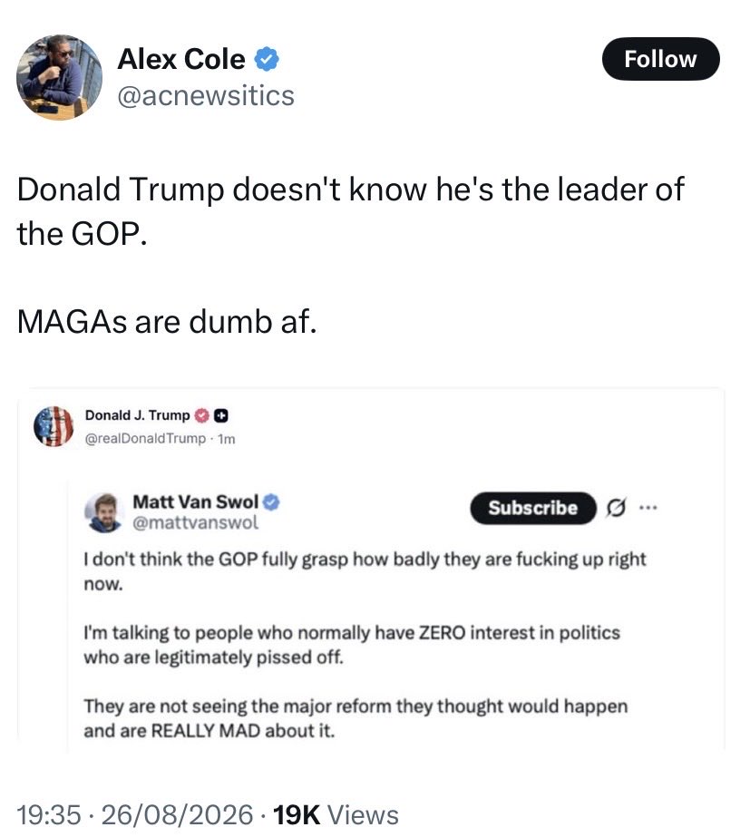 Patrick13020475's tweet photo. @EricLDaugh 🚨 WOW! President Trump dropped this bombshell: 
He APPEARS TO HAVE FORGOTTEN THAT HE’S STILL THE LEADER OF THE REPUBLICAN PARTY 🔥🔥 https://t.co/nNzTo8PBo1
