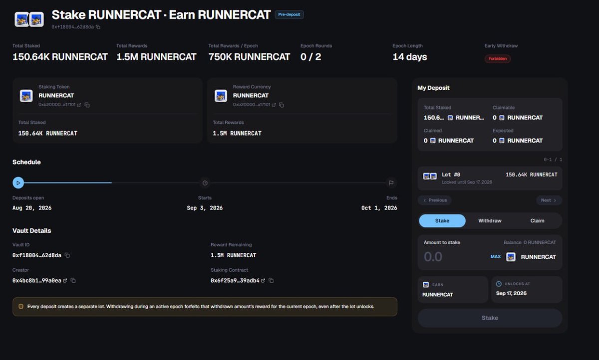 RunnercatOnBase's tweet photo. $RUNNERCAT staking is live on @o1_exchange 

Buy 
Stake
Earn

https://t.co/CBhwlAoXe6 https://t.co/m7CQZaMyTx