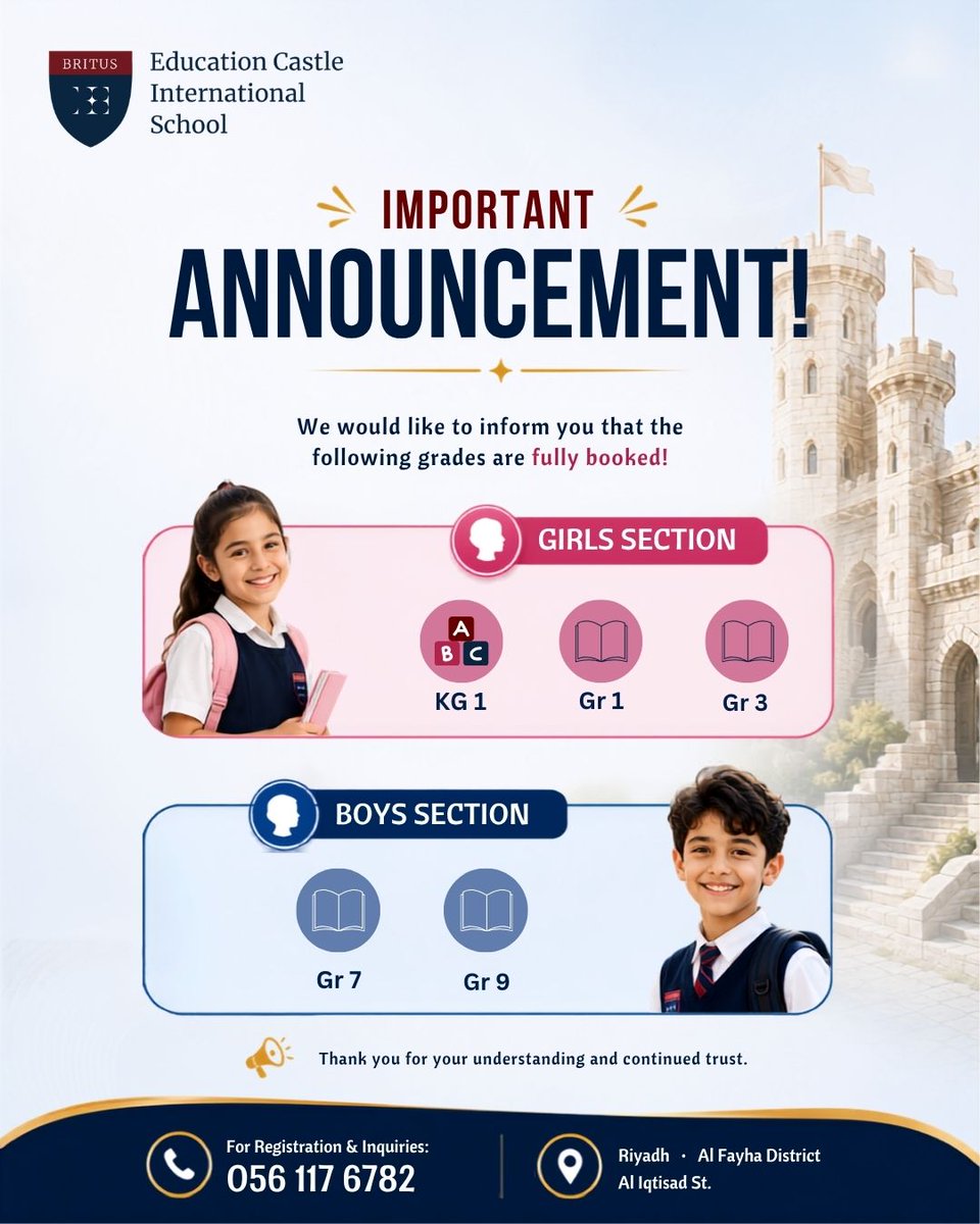 CastleSchools's tweet photo. 🚨 مقاعد اكتملت... وأخرى تقترب من الاكتمال!

يسعدنا أن نعلن عن اكتمال المقاعد في عدد من المراحل الدراسية للعام الأكاديمي 2026–2027 🤍

ونظرًا للإقبال الكبير، ندعو أولياء الأمور الراغبين بالتسجيل إلى المسارعة بحجز المقاعد المتبقية في المراحل الأخرى قبل اكتمالها.

📞 للتسجيل والاستفسار: 0561176782

The Future Begins Here! ✨

#ECIS #AdmissionsOpen #LimitedSeats #AcademicYear20262027