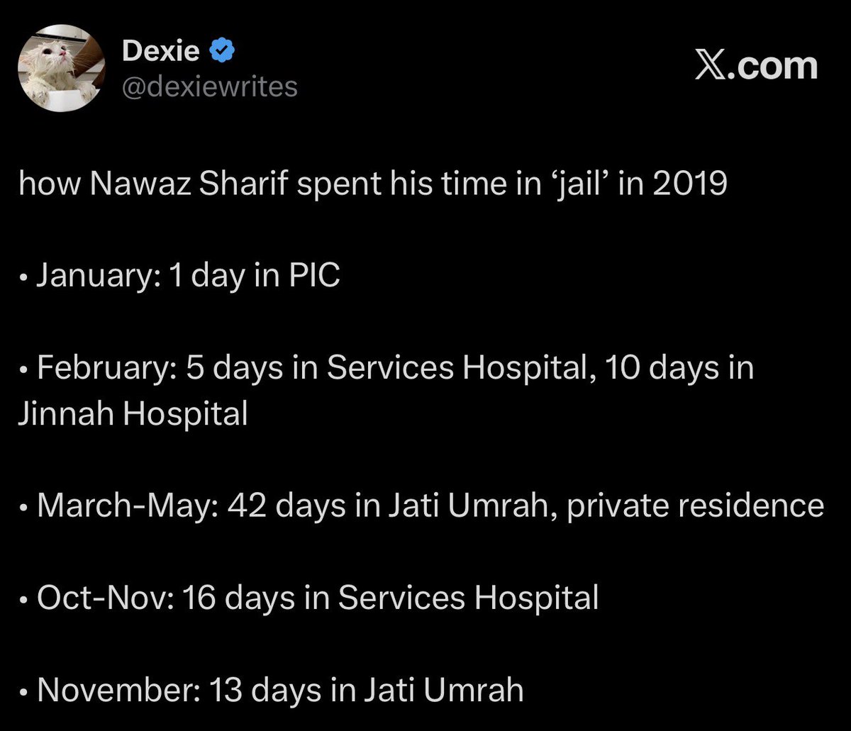 dexiewrites's tweet photo. i’ll say it again… if Nawaz Sharif can spend 55 days at his private residence as a convicted criminal, every prisoner in this country should have the right to be treated at a hospital of their choice. https://t.co/yy6oasWYwy