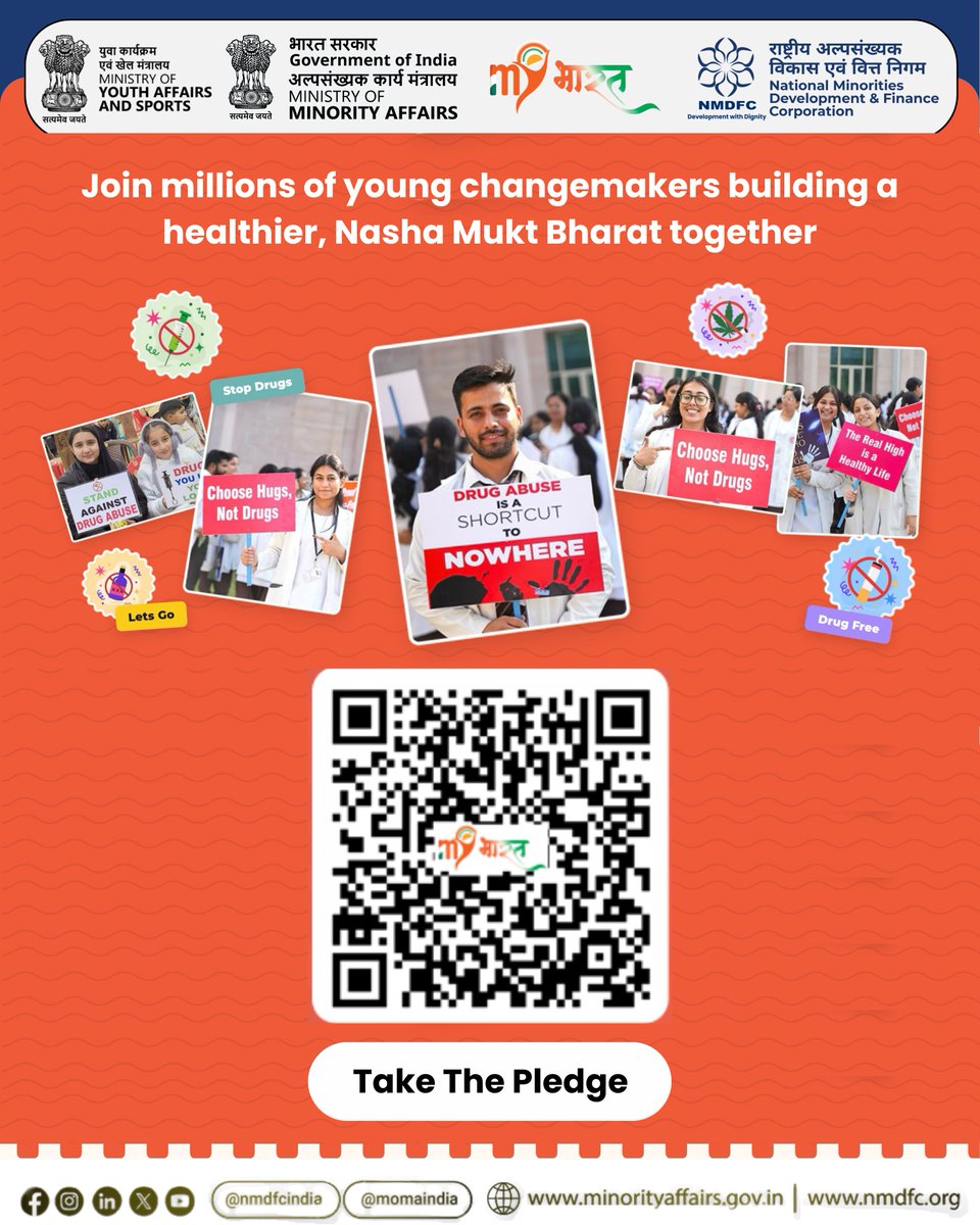 NMDFCIndia's tweet photo. #P98: NMDFC encourages all the yuva of bharat to come forward and join millions of young changemakers building a healthier, Nasha Mukt Bharat together. Nasha Mukt Yuva for Viksit Bharat is a youth-led movement encouraging every citizen to choose a healthier, drug-free future through awareness, action, and community participation.
Every pledge is a step towards change. Take the Nasha Mukt Pledge here: https://t.co/J4JAwfzOaT
#nashamuktbharat #bhagidarisebhagyoday @MOMAIndia @MYBharatHQ
