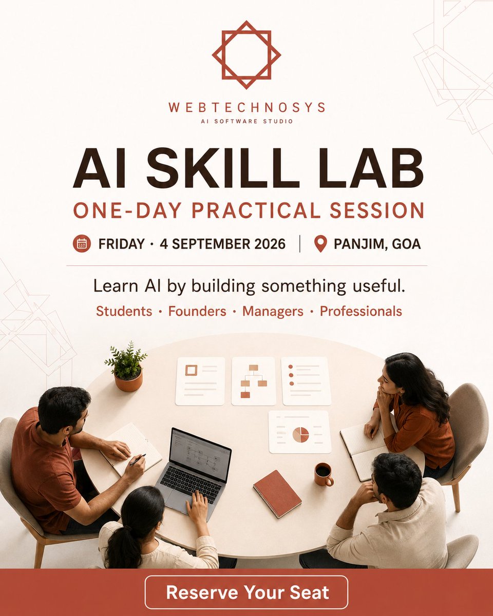 webtechnosysai's tweet photo. AI is best understood when you use it to build something useful.

Webtechnosys AI Skill Lab is a one-day practical session for students, founders, managers and professionals who want to explore AI through real work—not only theory and prompting.

Bring your curiosity, an idea or a real problem. Learn with others, experiment with relevant tools and develop a practical direction for using AI.

Friday, 4 September 2026
Panjim, Goa
Limited to 24 participants
Price: Rs.1650/- Including Lunch 
Reserve your seat: +91 74105 82898
https://t.co/wo53YhS7Z5

#AISkillLab #AITrainingGoa #PracticalAI #Webtechnosys#PanjimGoa #LearnAI