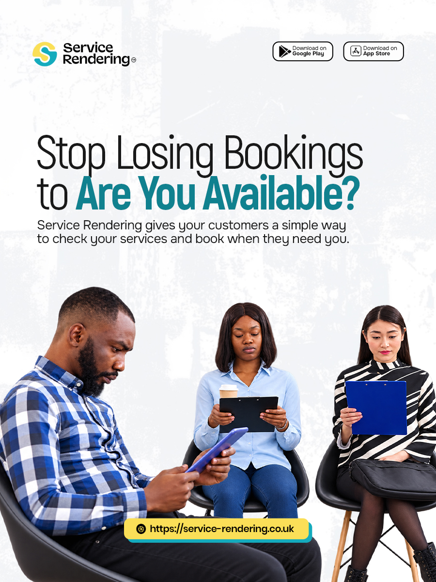 rendering96247's tweet photo. Still losing bookings because customers keep asking, “Are you available?”
Download Service Rendering today and make every booking count.
#ServiceRendering #OnlineBooking #ServiceProviders #SmallBusinessUK #UKBusiness #BusinessGrowth #Bookings #EntrepreneurUK https://t.co/RNPTzFmZEv