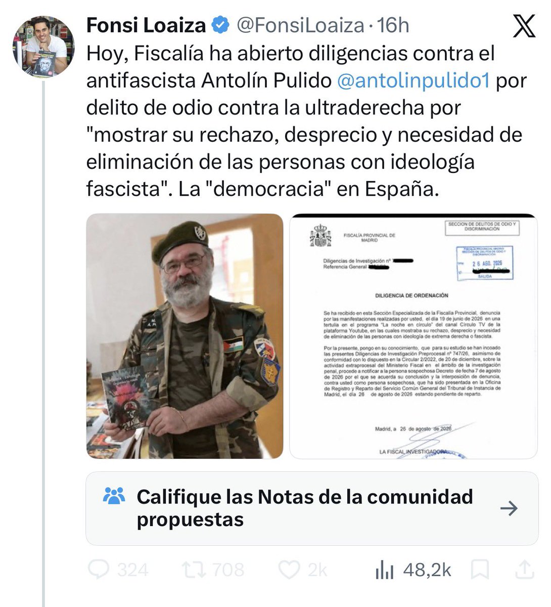 FloresJuberias's tweet photo. Disculpa, @FonsiLoaiza, pero sí: instar a “la eliminación de personas” (sean de ideología ultraderechista, ultraizquierdista o mediopensionista) es un delito. Al menos en los países democráticos; en aquellos que añoráis el sujeto este y tú, igual te dan una medalla por cada tiro en la nuca que acredites.
Y disculpa de nuevo: la fiscalía no ha “iniciado” investigaciones; las ha “concluido”, instando el procesamiento de tu amigo. Lo pone en el papel que no te has leído.