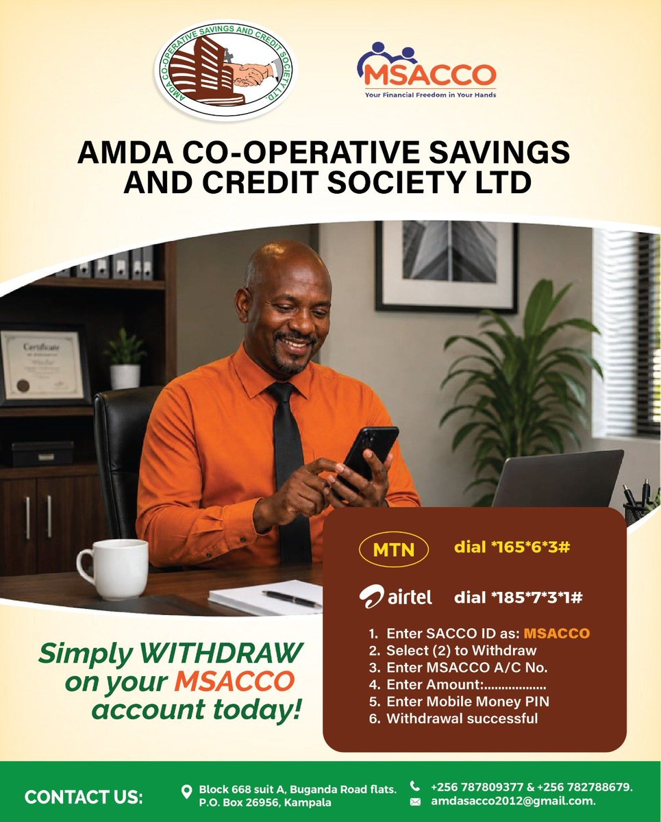 AMDASACCO's tweet photo. Welcome back from the **successful Caravan Run!** 🙌 A big thank you to everyone who participated, especially in the **Nyabwina 10KM and 5KM runs.** 👏🏃‍♂️🏃‍♀️

We also appreciate everyone who **saved, bought shares, joined AMDA SACCO, and made inquiries about their accounts and loans.** 💚

📱 **Did you know?** If you already have an AMDA SACCO account, you can monitor your account **without visiting the SACCO office!**

With the **MSACCO App**, you can conveniently:
✅ Monitor your account
✅ Save money
✅ Buy shares
✅ Pay your loans

**Save. Invest. Grow with AMDA SACCO — conveniently from your phone!** 💚📱
@AMDAUganda