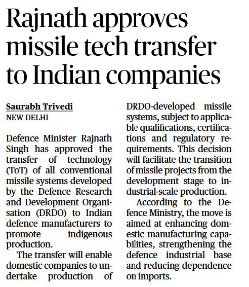 itssparsh07's tweet photo. A significant step for India’s defence self-reliance. 🇮🇳

Transferring DRDO missile technology to Indian companies is how we move from developing technology to building real manufacturing strength.

More indigenous production, stronger industry and less dependence on imports. https://t.co/DNrGqMbsjY