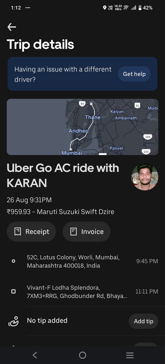 AlphaVishakh's tweet photo. 1) Yesterday, 26th August 2026, I undertook a journey from Atria Mall Worli, Mumbai to Bhayandarpada, Thane the fair was Rs 959.93 which was duly paid (document attached).

2) Concerned driver called today and demanded Rs 2602.93 and threatend with "dire consequences" 

@Uber https://t.co/cdYLSeExry