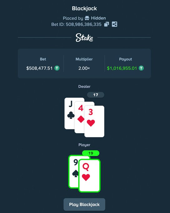 StakeV9's tweet photo. A hand of blackjack...won $1 million! 🤯 For more exciting content, visit: https://t.co/Y4h75iHhyz https://t.co/q7OHG3USK3